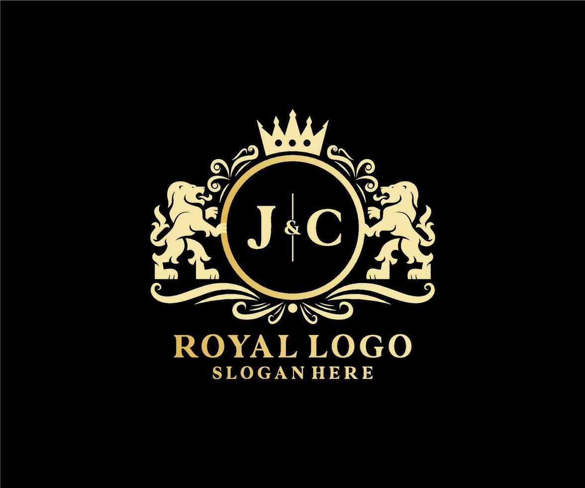 Plantilla inicial de logotipo de lujo real de león con letra jc en arte vectorial para restaurante, realeza, boutique, cafetería, hotel, heráldica, joyería, moda y otras ilustraciones vectoriales. vector