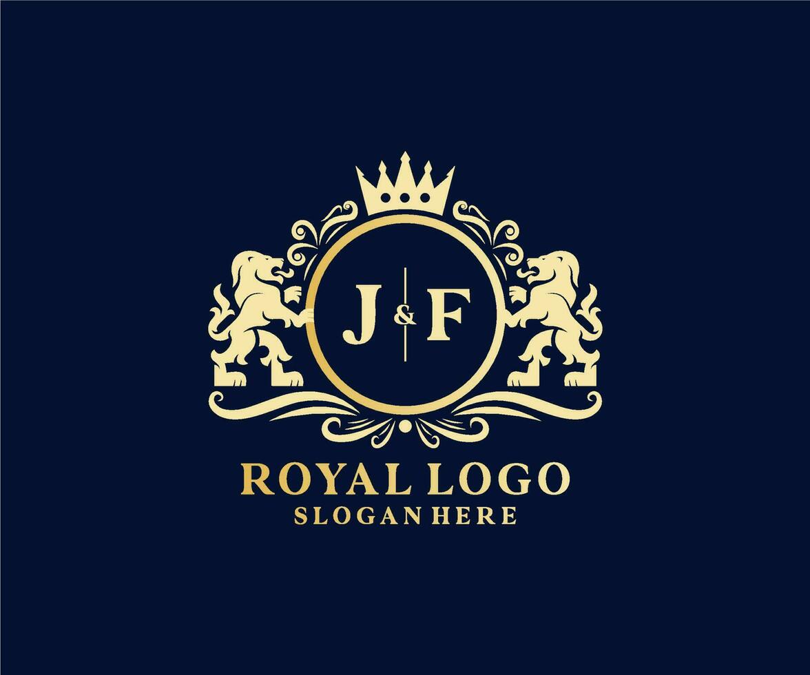 plantilla de logotipo de lujo real de león de letra jf inicial en arte vectorial para restaurante, realeza, boutique, cafetería, hotel, heráldica, joyería, moda y otras ilustraciones vectoriales. vector