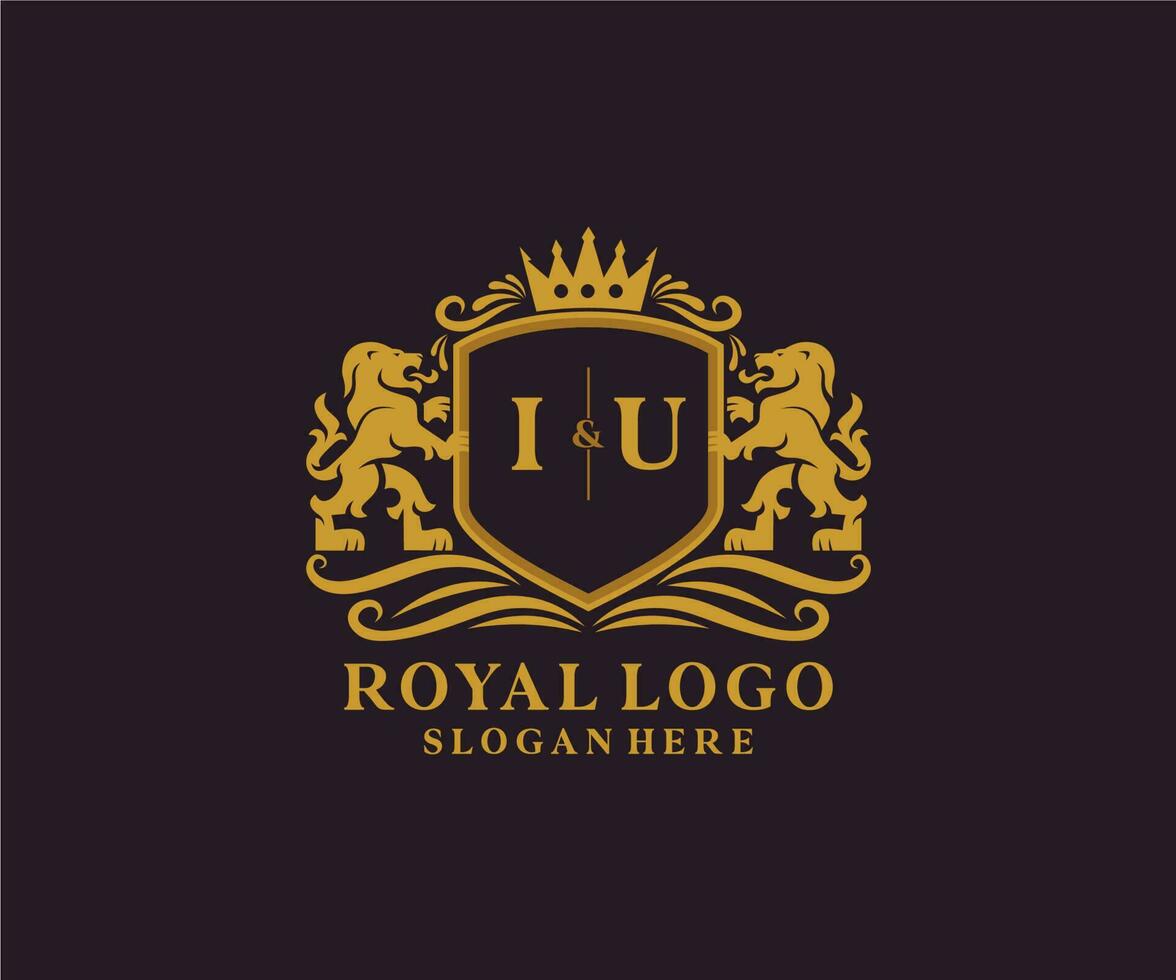 Initial IU Letter Lion Royal Luxury Logo template in vector art for Restaurant, Royalty, Boutique, Cafe, Hotel, Heraldic, Jewelry, Fashion and other vector illustration.
