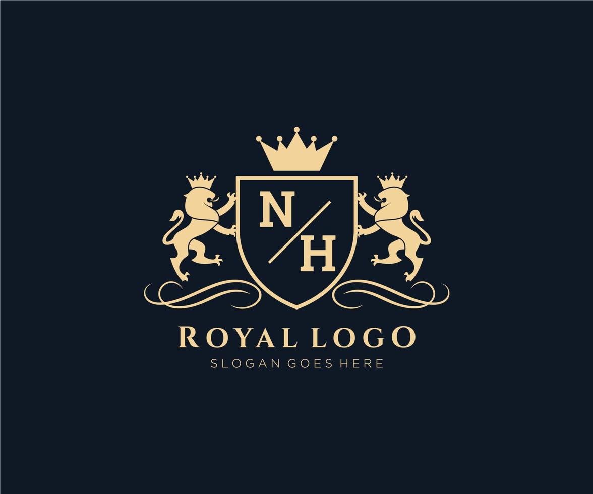 Initial NH Letter Lion Royal Luxury Heraldic,Crest Logo template in vector art for Restaurant, Royalty, Boutique, Cafe, Hotel, Heraldic, Jewelry, Fashion and other vector illustration.