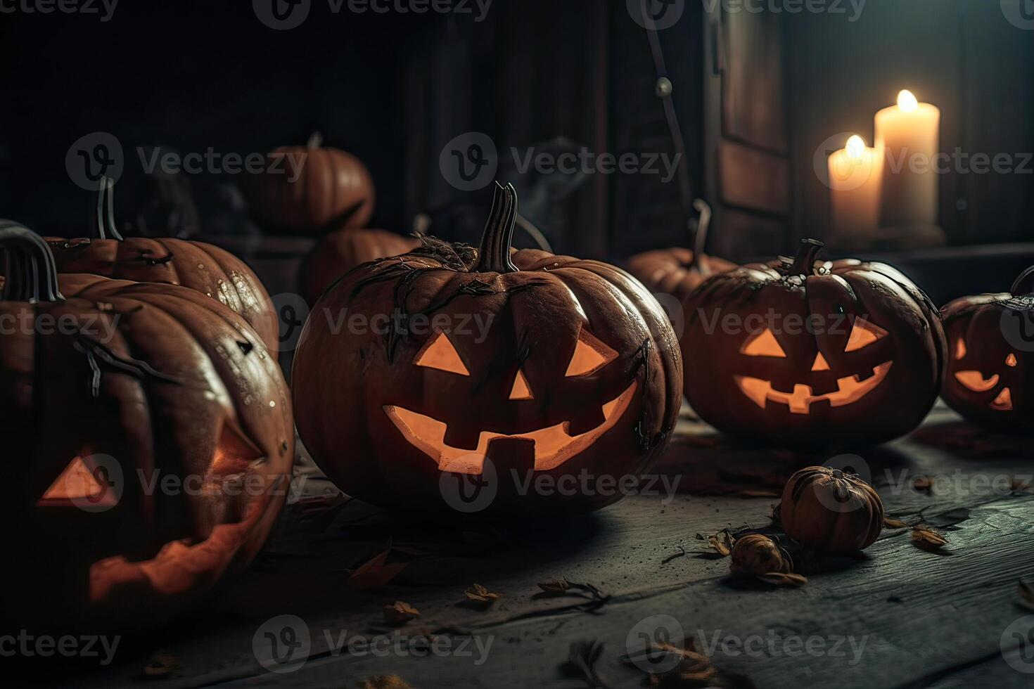 Halloween spooky background, scary pumpkins with smoke in old big creepy ghosts house inside big empty foggy room. Creepy october dark smoky mysterious backdrop concept. . photo