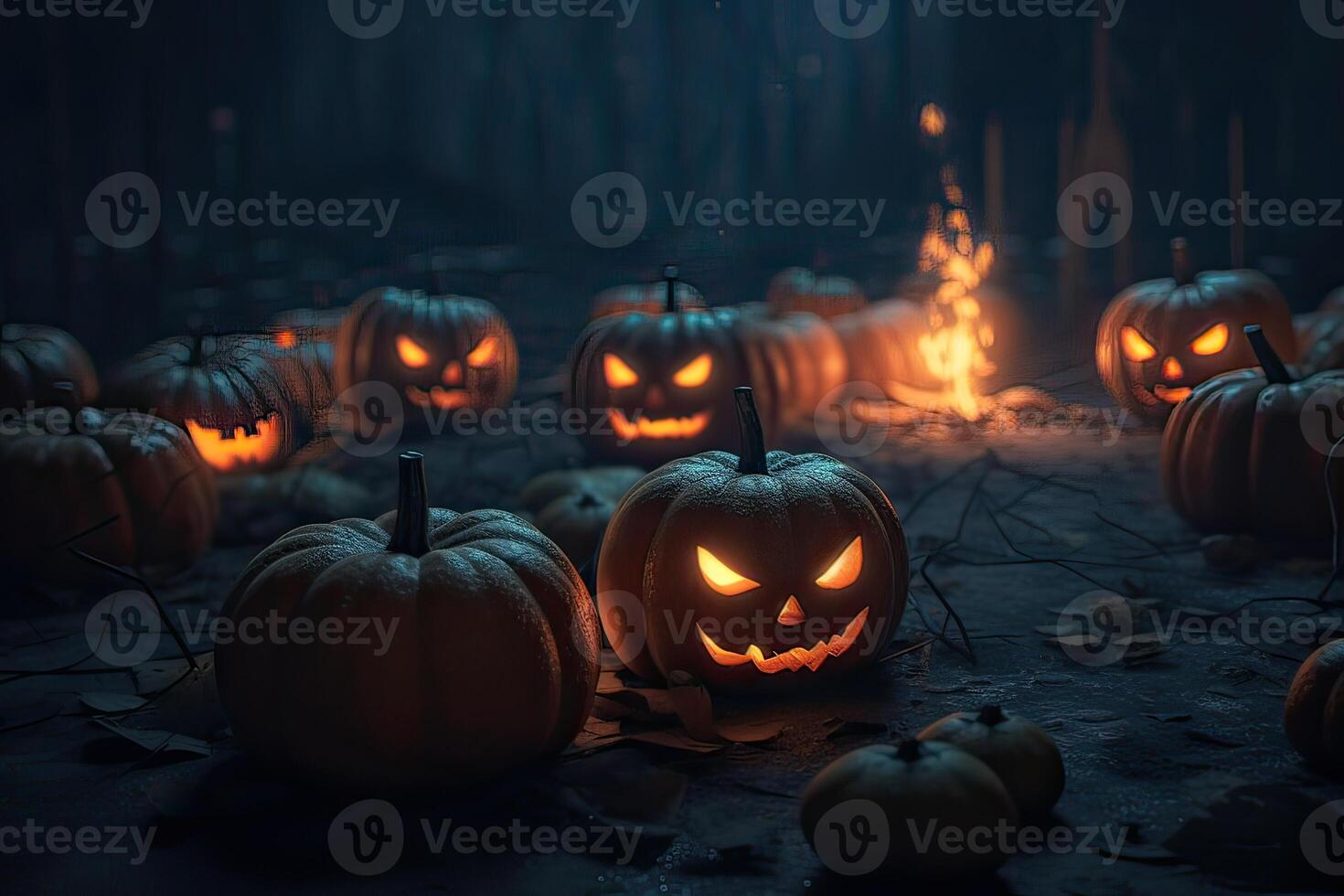 Halloween spooky background, scary pumpkins with smoke in old big creepy ghosts house inside big empty foggy room. Creepy october dark smoky mysterious backdrop concept. . photo