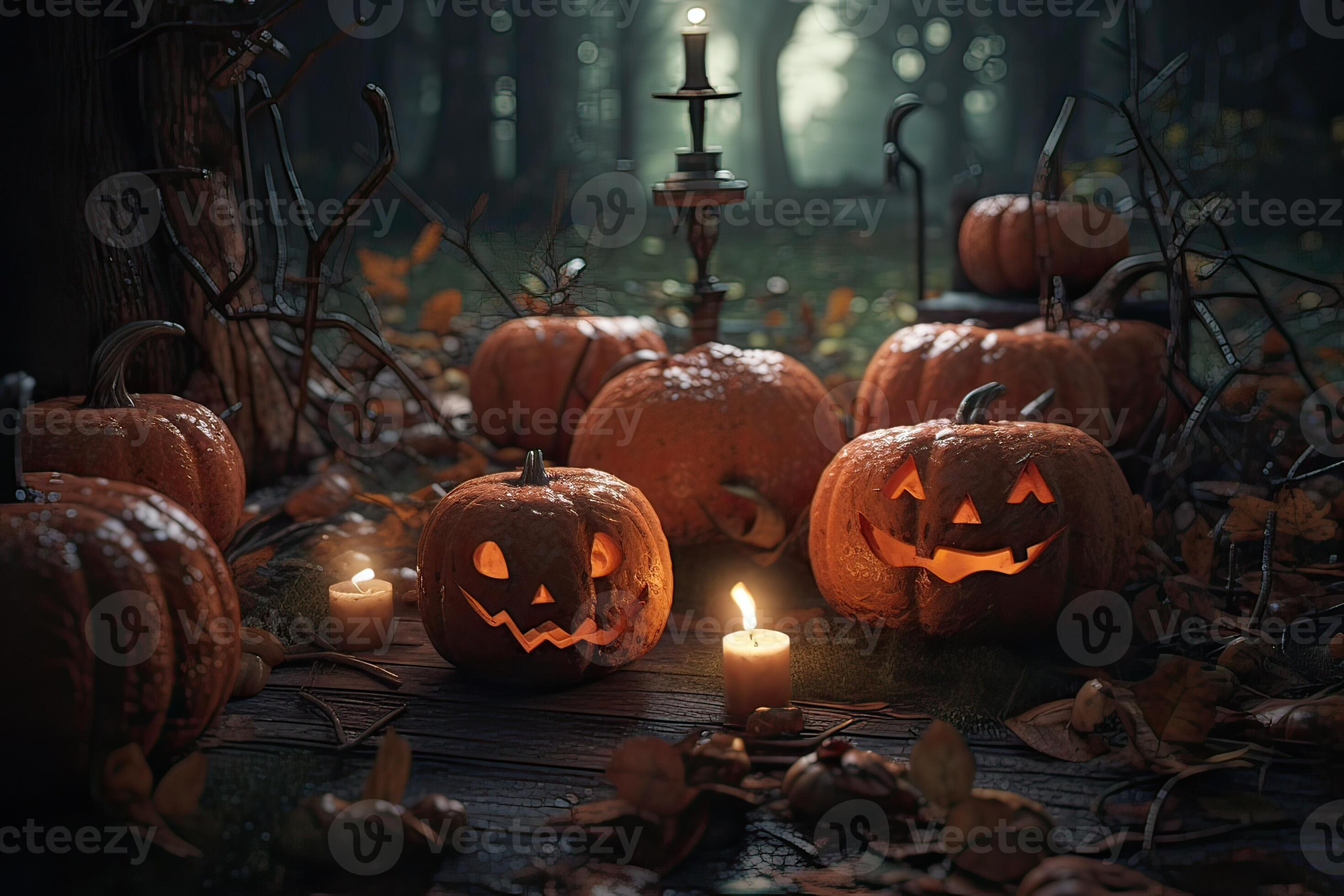 Halloween spooky background, scary pumpkins with smoke in old big ...