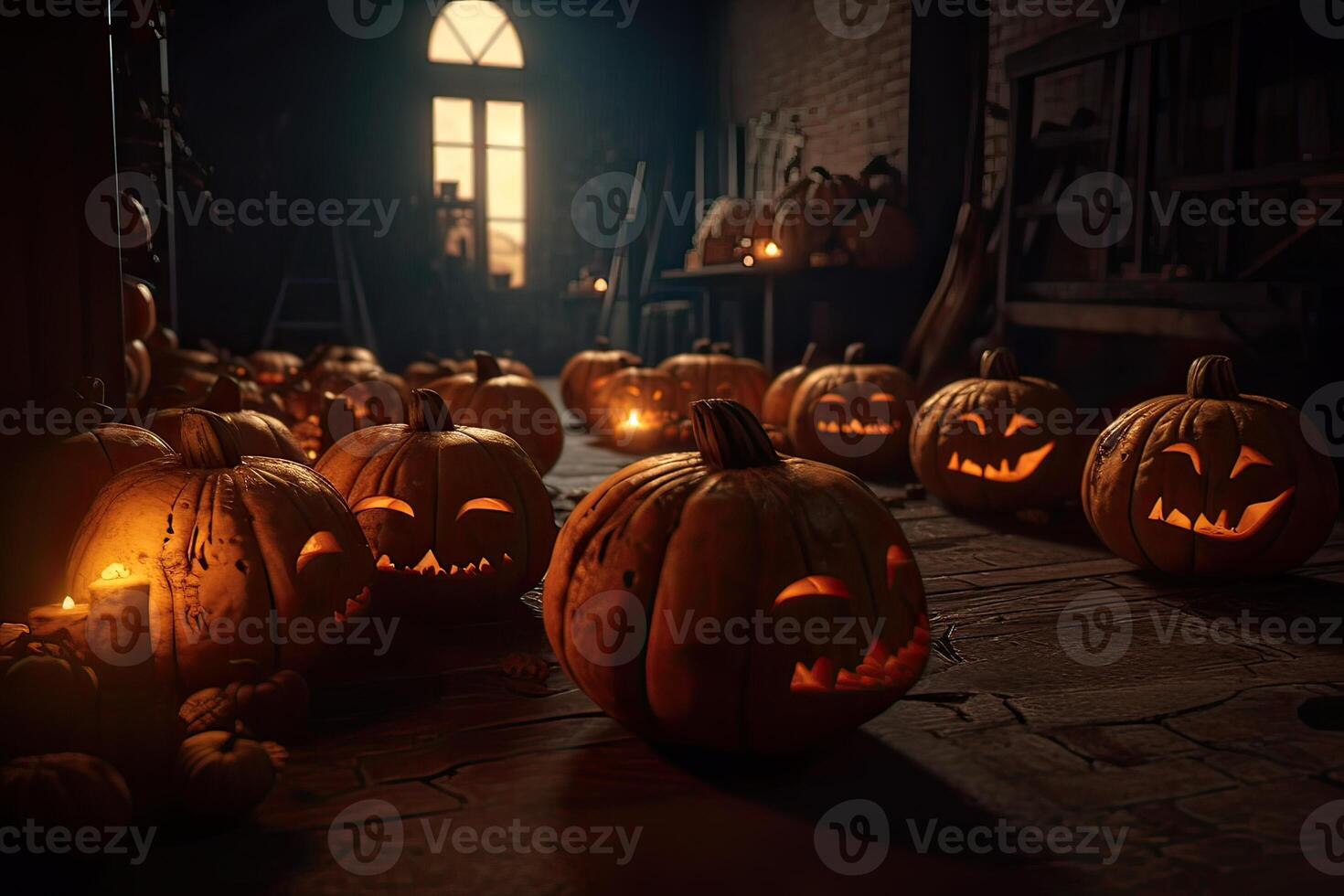 Halloween spooky background, scary pumpkins with smoke in old big creepy ghosts house inside big empty foggy room. Creepy october dark smoky mysterious backdrop concept. . photo