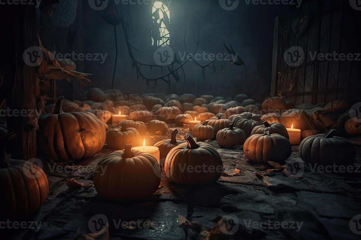 Halloween spooky background, scary pumpkins with smoke in old big creepy ghosts house inside big empty foggy room. Creepy october dark smoky mysterious backdrop concept. . photo