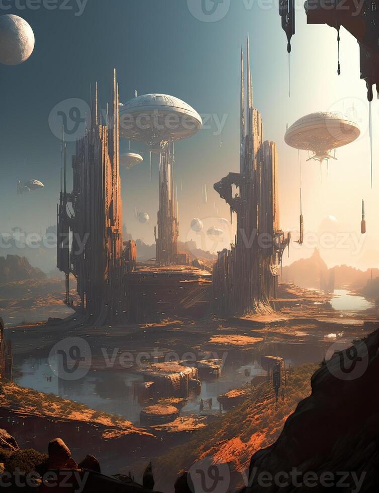 Exoplanet fantastic landscape. Beautiful views of the mountains and sky with unexplored planets. . photo