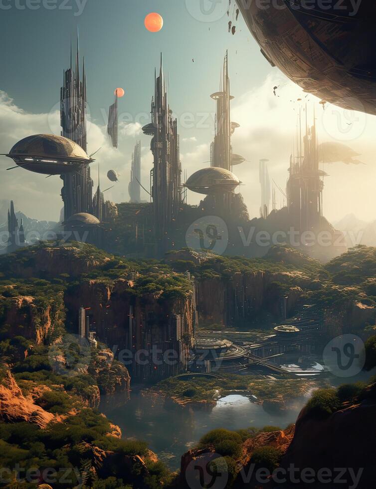 Exoplanet fantastic landscape. Beautiful views of the mountains and sky with unexplored planets. . photo