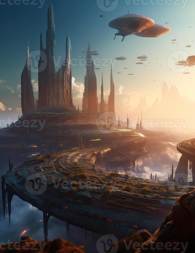 Exoplanet fantastic landscape. Beautiful views of the mountains and sky with unexplored planets. . photo