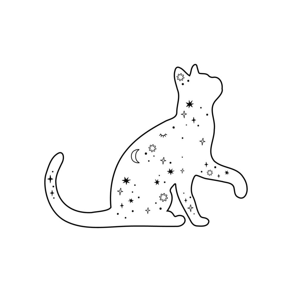 Celestial cat hand drawn in line art. Mysterious black moon cat. Magic domestic animal silhouette with stars, moon. Mystical vector illustration. Magic celestial black isolated element.