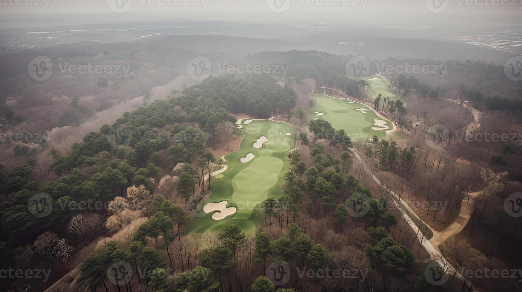 Aerial view of green grass and trees on a golf field. . photo