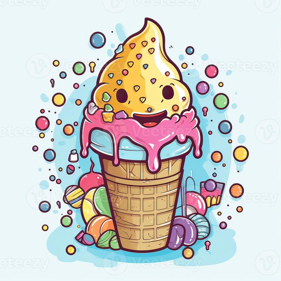 Melting ice cream balls in the waffle cone. Vector flat outline icon. Comic character in cartoon style illustration for t shirt design. . photo