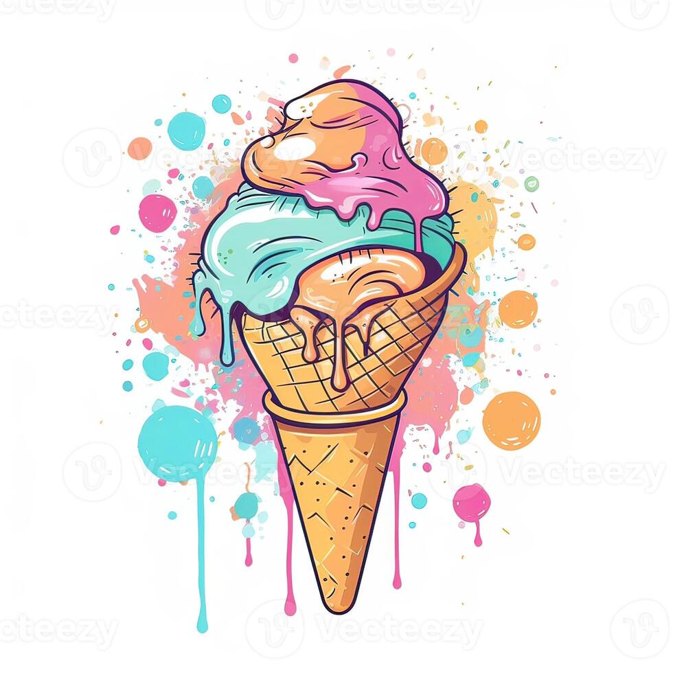 Melting ice cream balls in the waffle cone. Vector flat outline icon. Comic character in cartoon style illustration for t shirt design. . photo