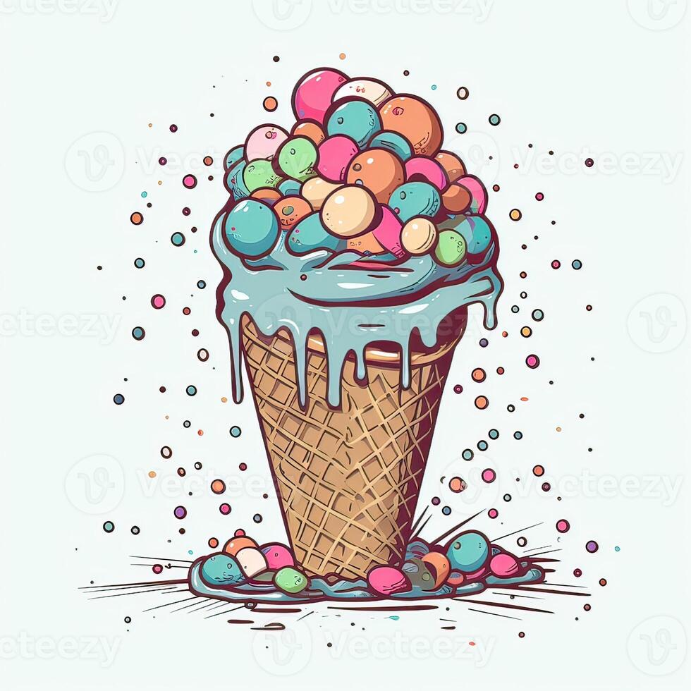 Melting ice cream balls in the waffle cone. Vector flat outline icon. Comic character in cartoon style illustration for t shirt design. . photo