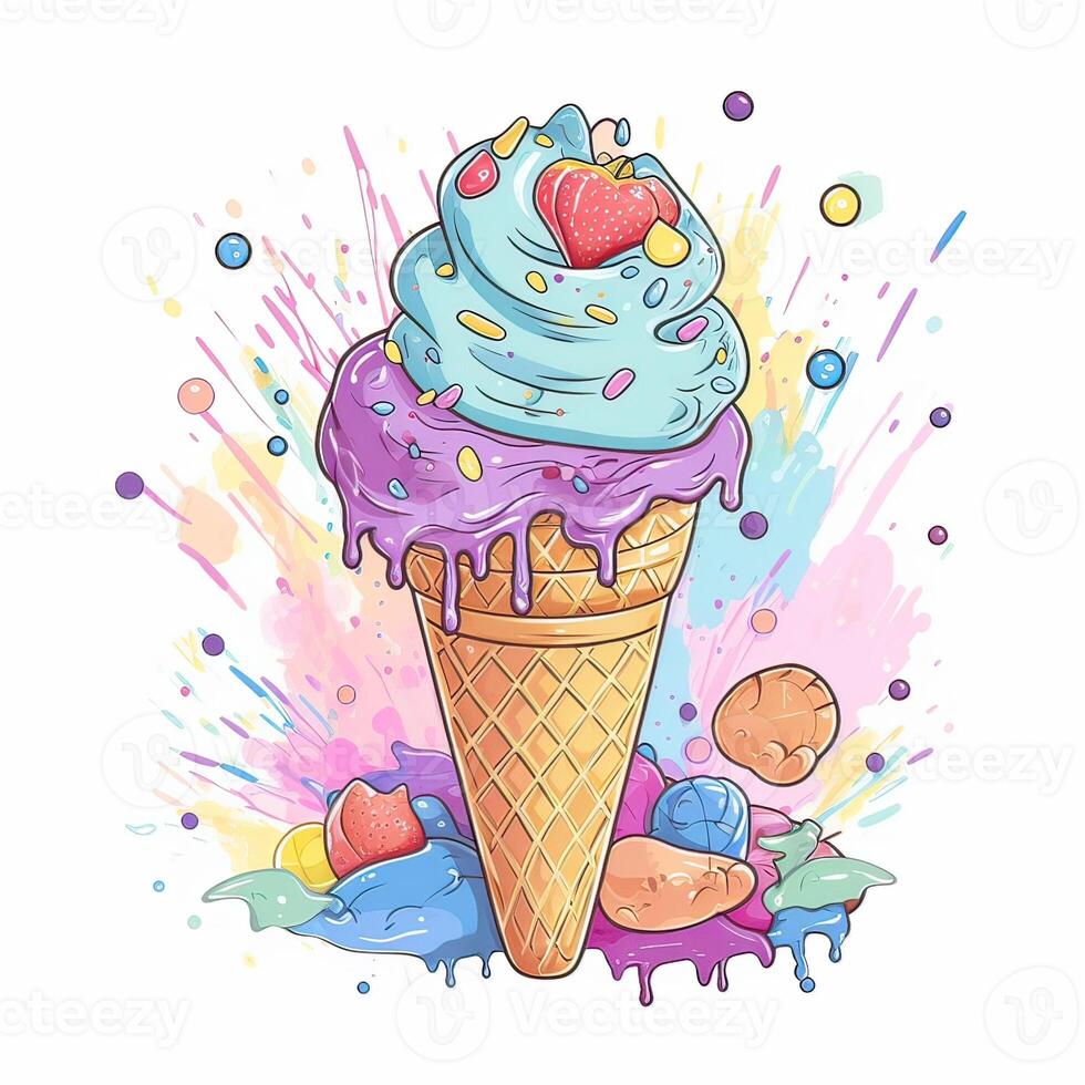 Melting ice cream balls in the waffle cone. Vector flat outline icon. Comic character in cartoon style illustration for t shirt design. . photo