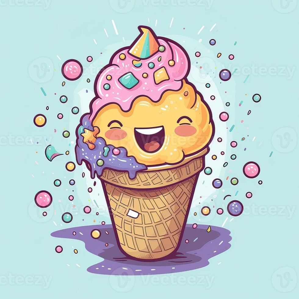 Melting ice cream balls in the waffle cone. Vector flat outline icon. Comic character in cartoon style illustration for t shirt design. . photo