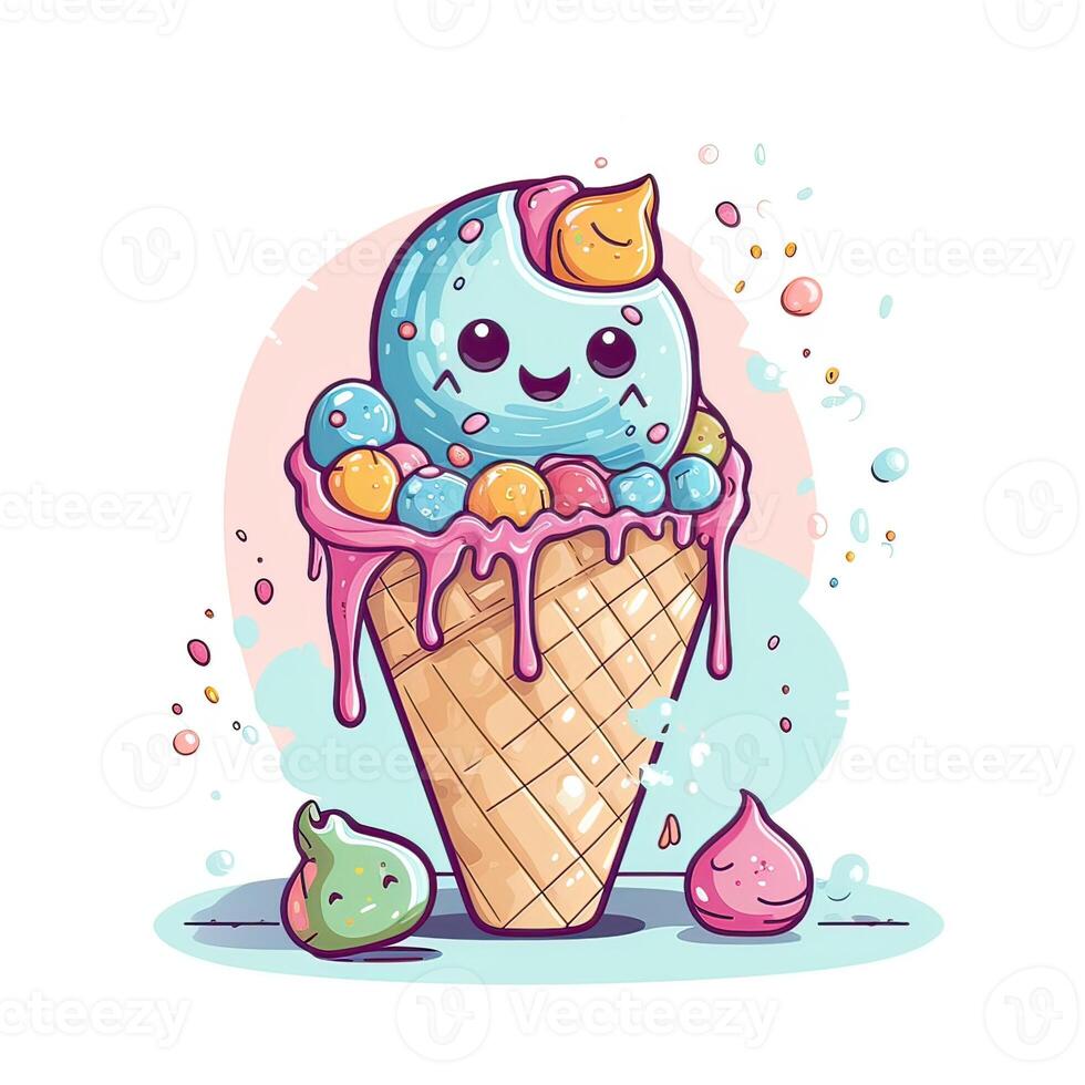 Melting ice cream balls in the waffle cone. Vector flat outline icon. Comic character in cartoon style illustration for t shirt design. . photo