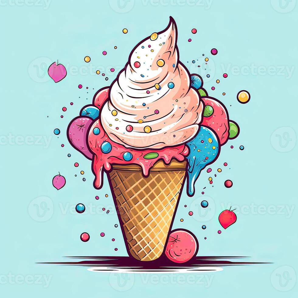 Melting ice cream balls in the waffle cone. Vector flat outline icon. Comic character in cartoon style illustration for t shirt design. . photo