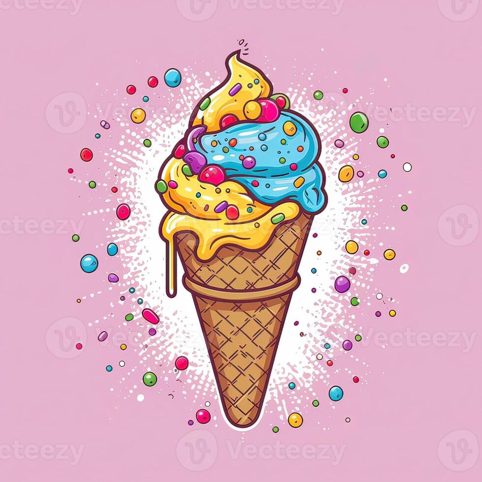 Melting ice cream balls in the waffle cone. Vector flat outline icon. Comic character in cartoon style illustration for t shirt design. . photo