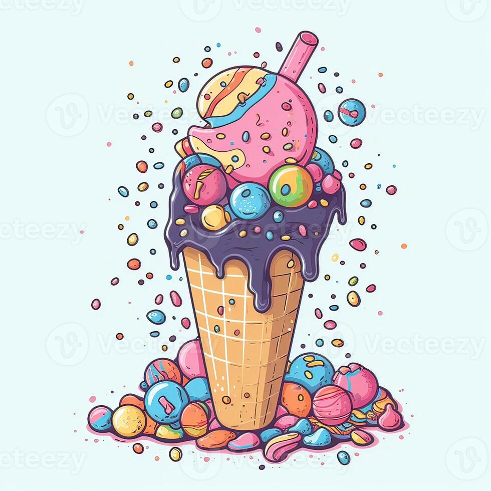 Melting ice cream balls in the waffle cone. Vector flat outline icon. Comic character in cartoon style illustration for t shirt design. . photo