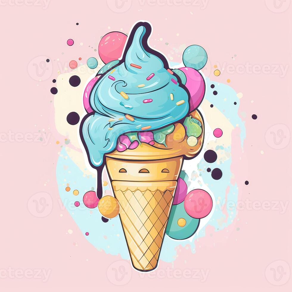 Melting ice cream balls in the waffle cone. Vector flat outline icon. Comic character in cartoon style illustration for t shirt design. . photo