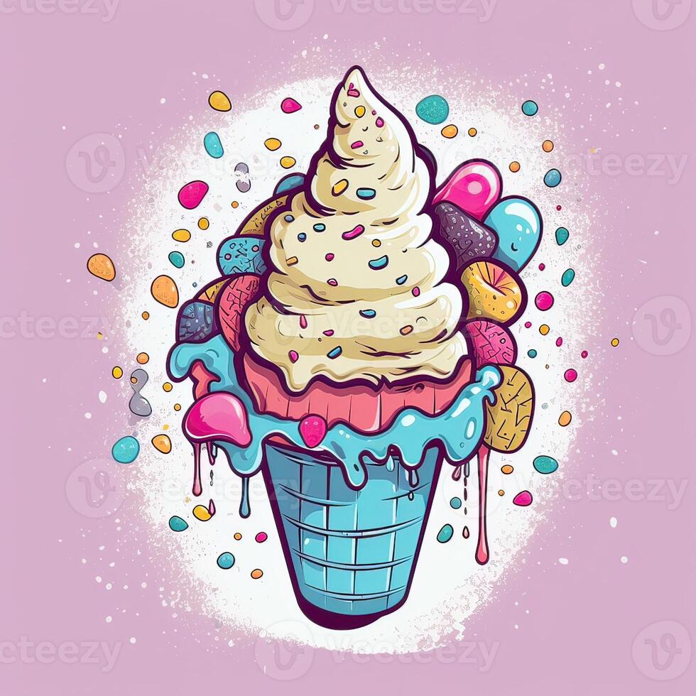 Melting ice cream balls in the waffle cone. Vector flat outline icon. Comic character in cartoon style illustration for t shirt design. . photo