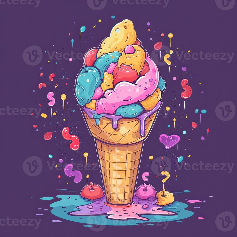 Melting ice cream balls in the waffle cone. Vector flat outline icon. Comic character in cartoon style illustration for t shirt design. . photo