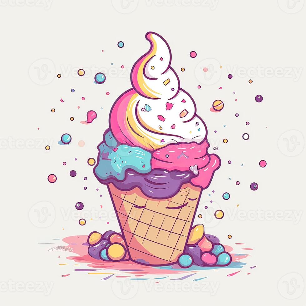 Melting ice cream balls in the waffle cone. Vector flat outline icon. Comic character in cartoon style illustration for t shirt design. . photo