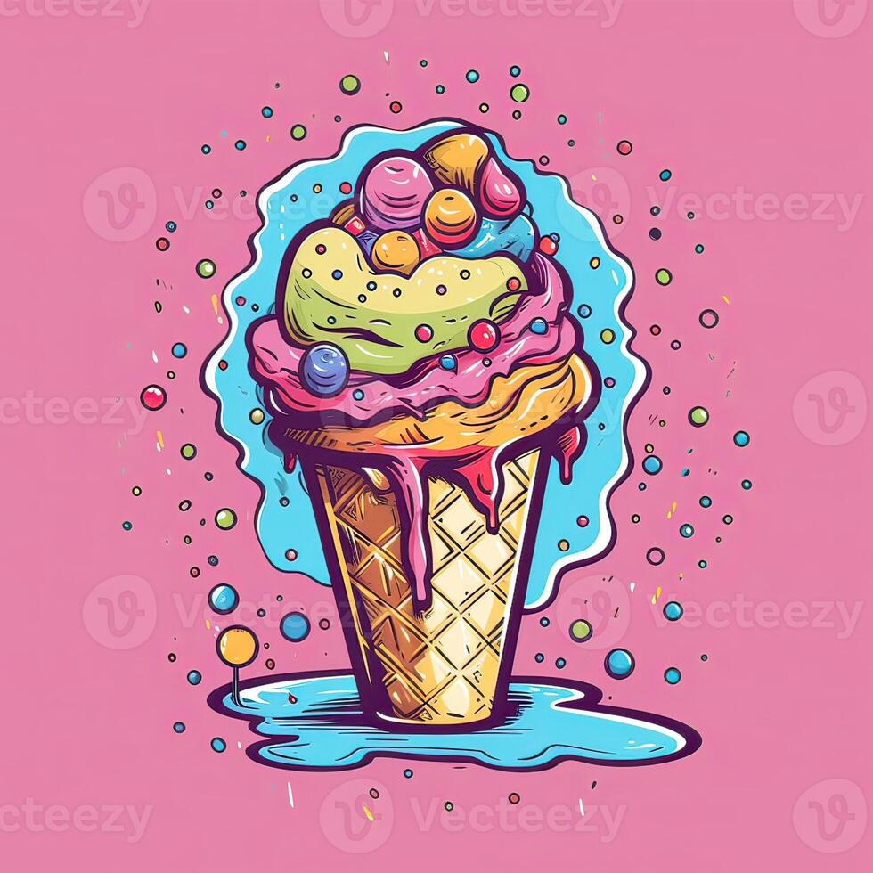 Melting ice cream balls in the waffle cone. Vector flat outline icon. Comic character in cartoon style illustration for t shirt design. . photo