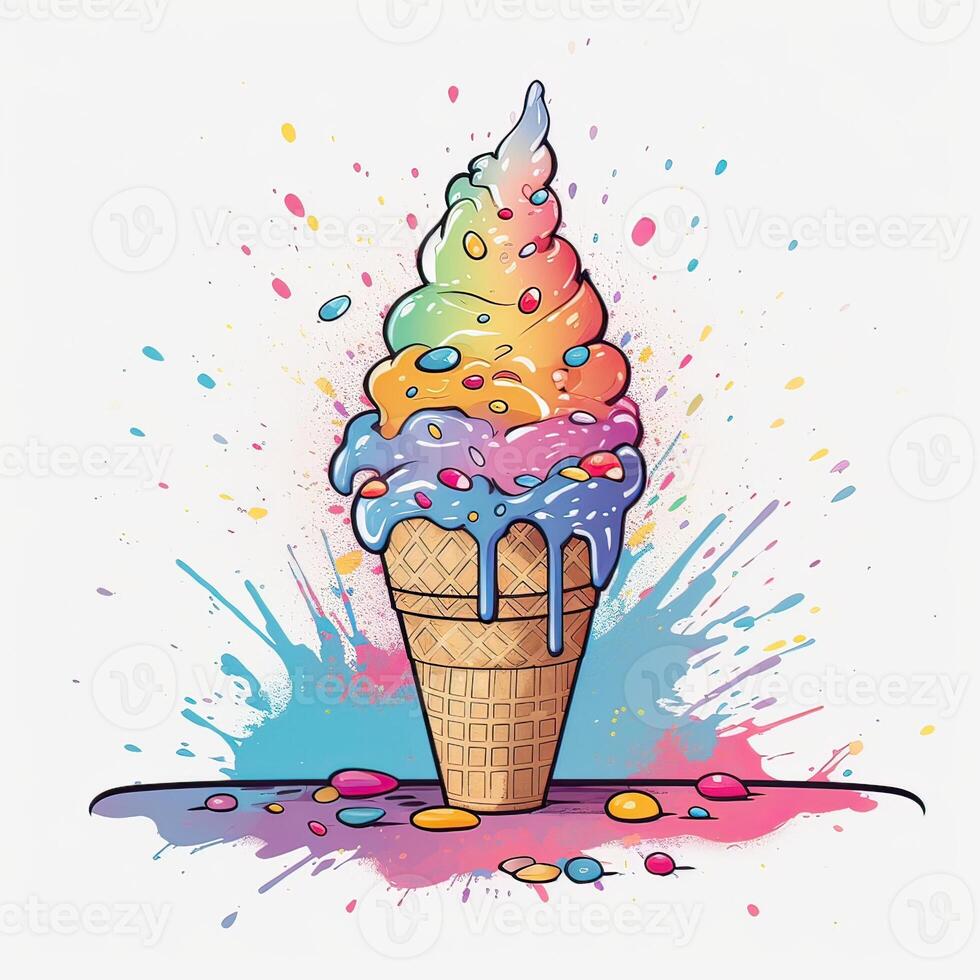 Melting ice cream balls in the waffle cone. Vector flat outline icon. Comic character in cartoon style illustration for t shirt design. . photo