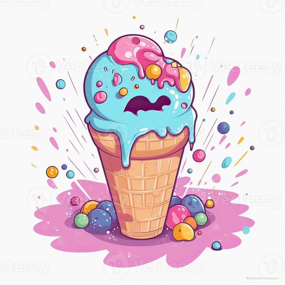 Melting ice cream balls in the waffle cone. Vector flat outline icon. Comic character in cartoon style illustration for t shirt design. . photo