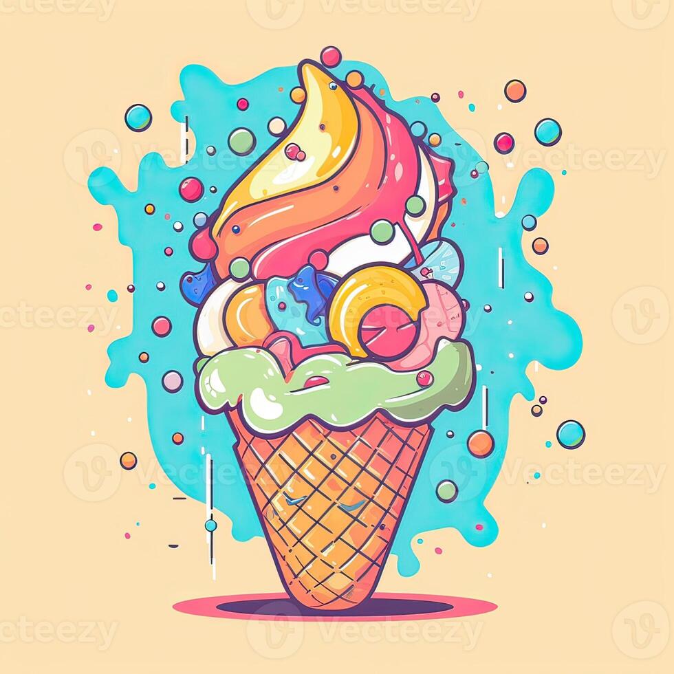 Melting ice cream balls in the waffle cone. Vector flat outline icon. Comic character in cartoon style illustration for t shirt design. . photo