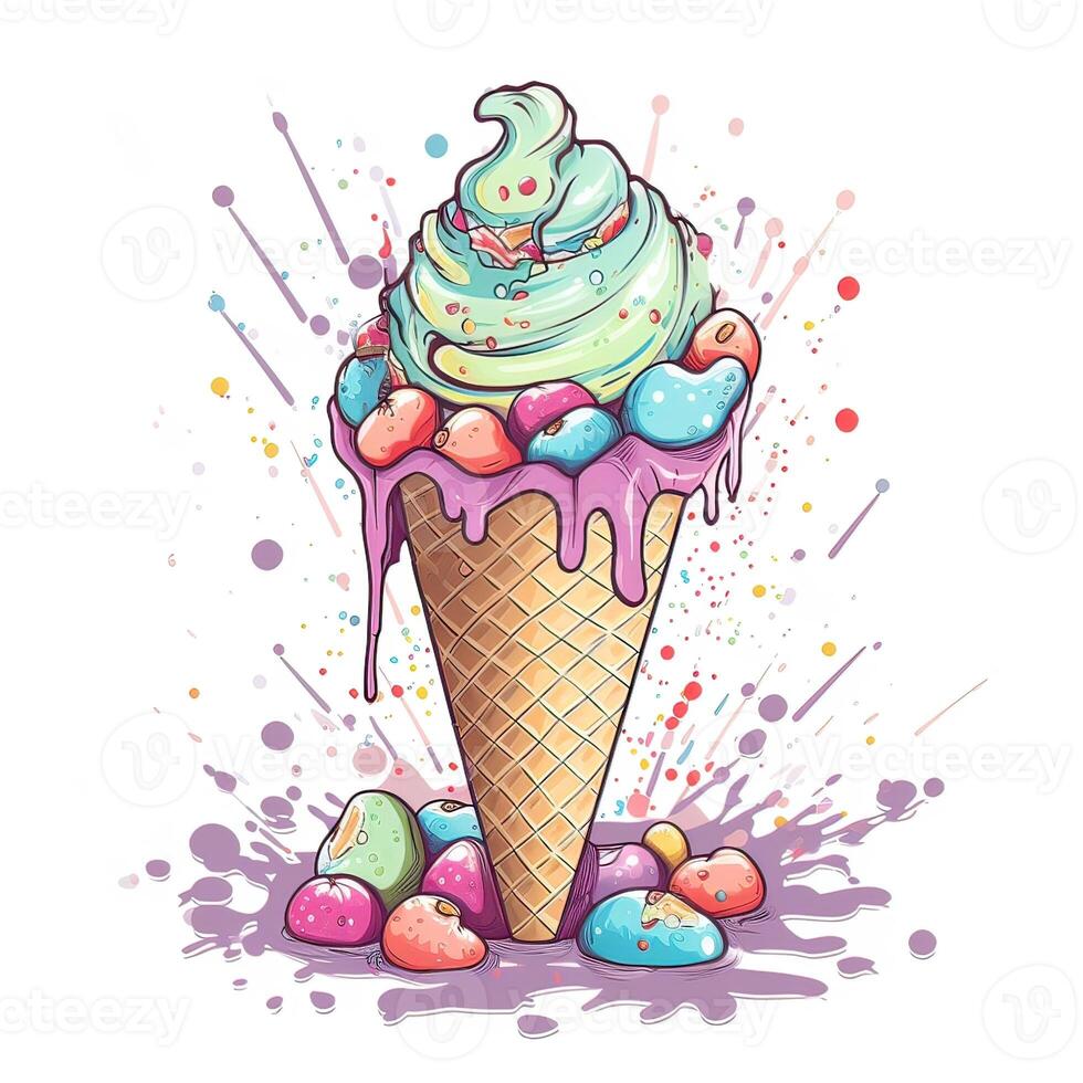 Melting ice cream balls in the waffle cone. Vector flat outline icon. Comic character in cartoon style illustration for t shirt design. . photo