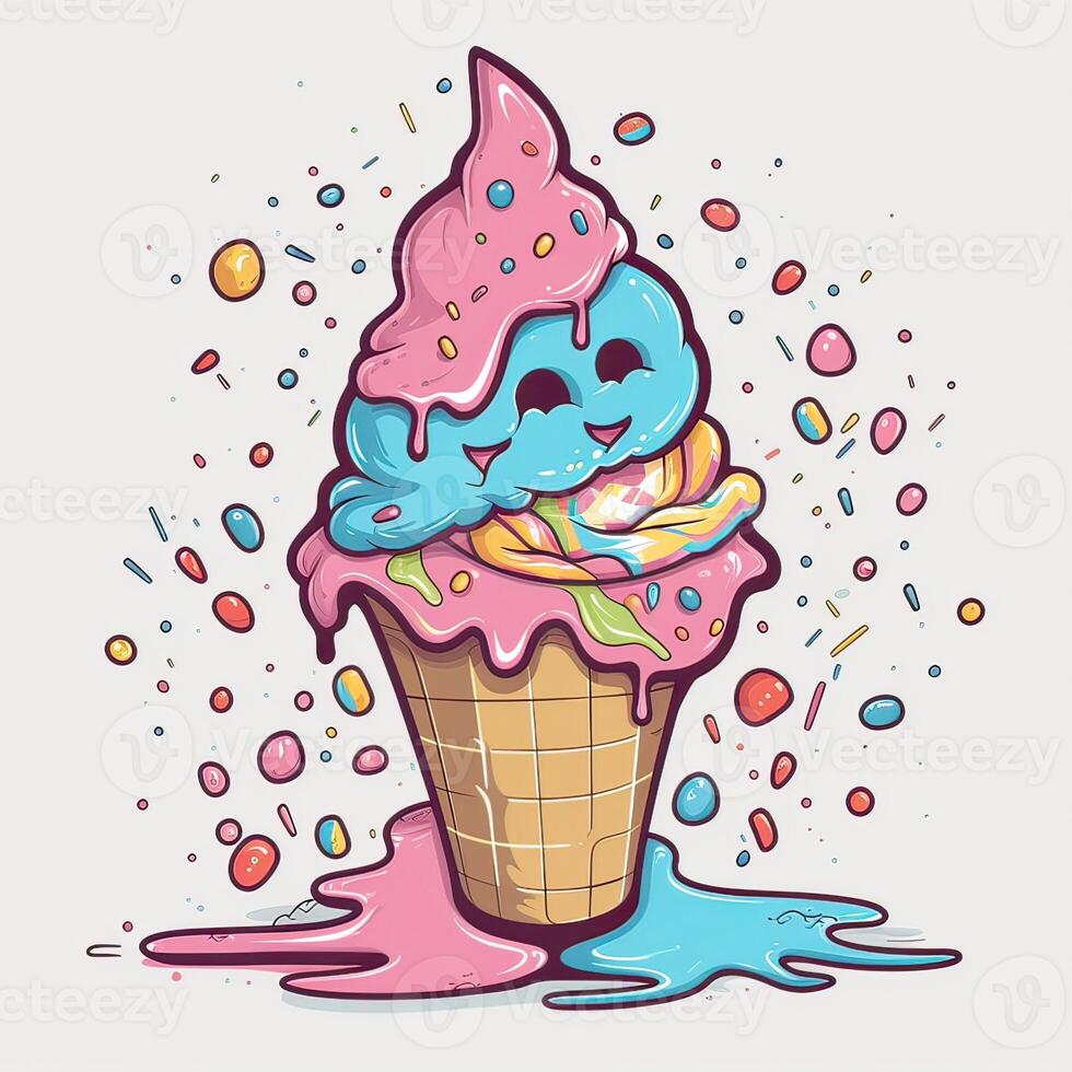 Melting ice cream balls in the waffle cone. Vector flat outline icon. Comic character in cartoon style illustration for t shirt design. . photo