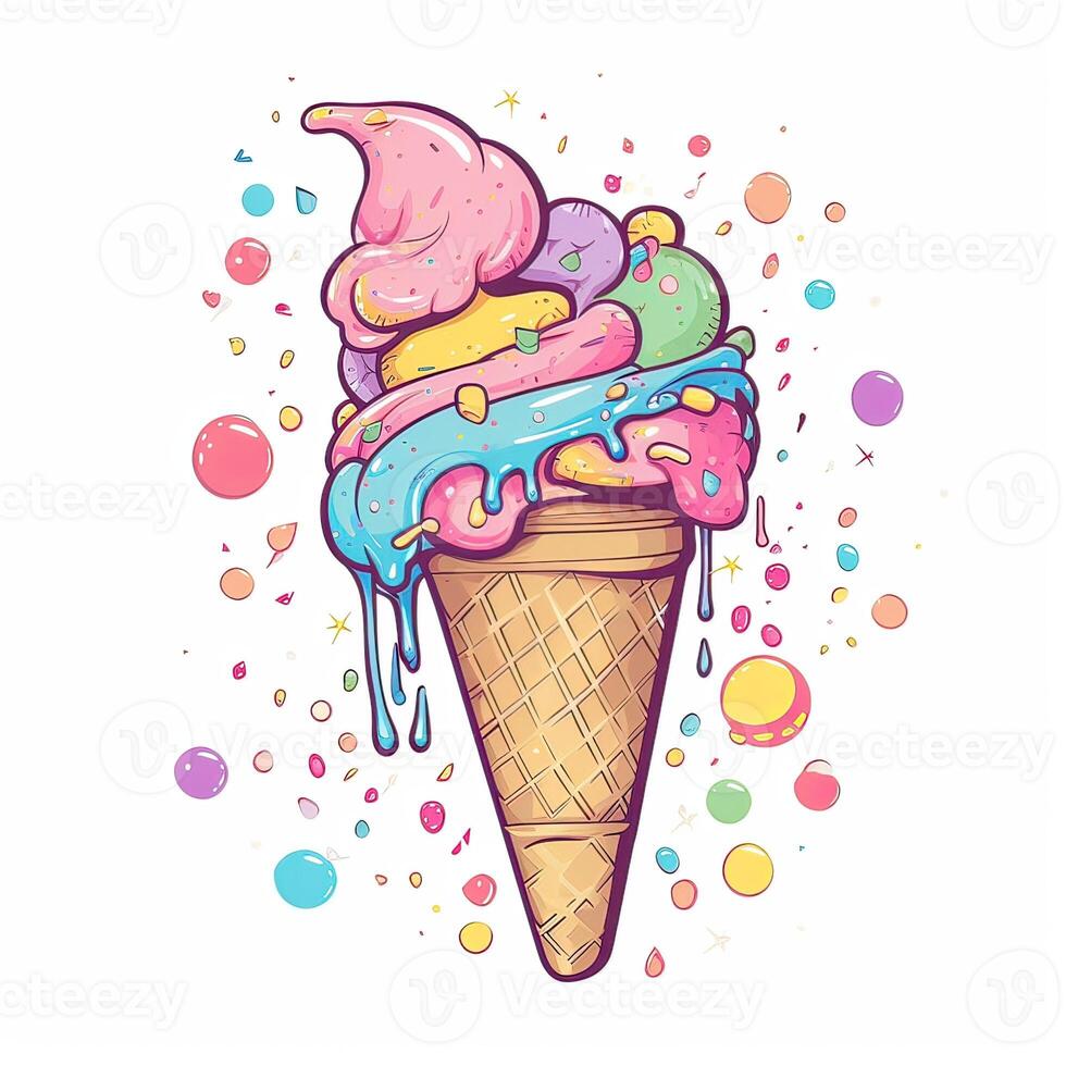 Melting ice cream balls in the waffle cone. Vector flat outline icon. Comic character in cartoon style illustration for t shirt design. . photo