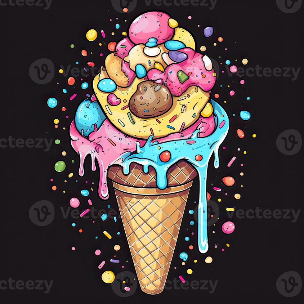 Melting ice cream balls in the waffle cone. Vector flat outline icon. Comic character in cartoon style illustration for t shirt design. . photo