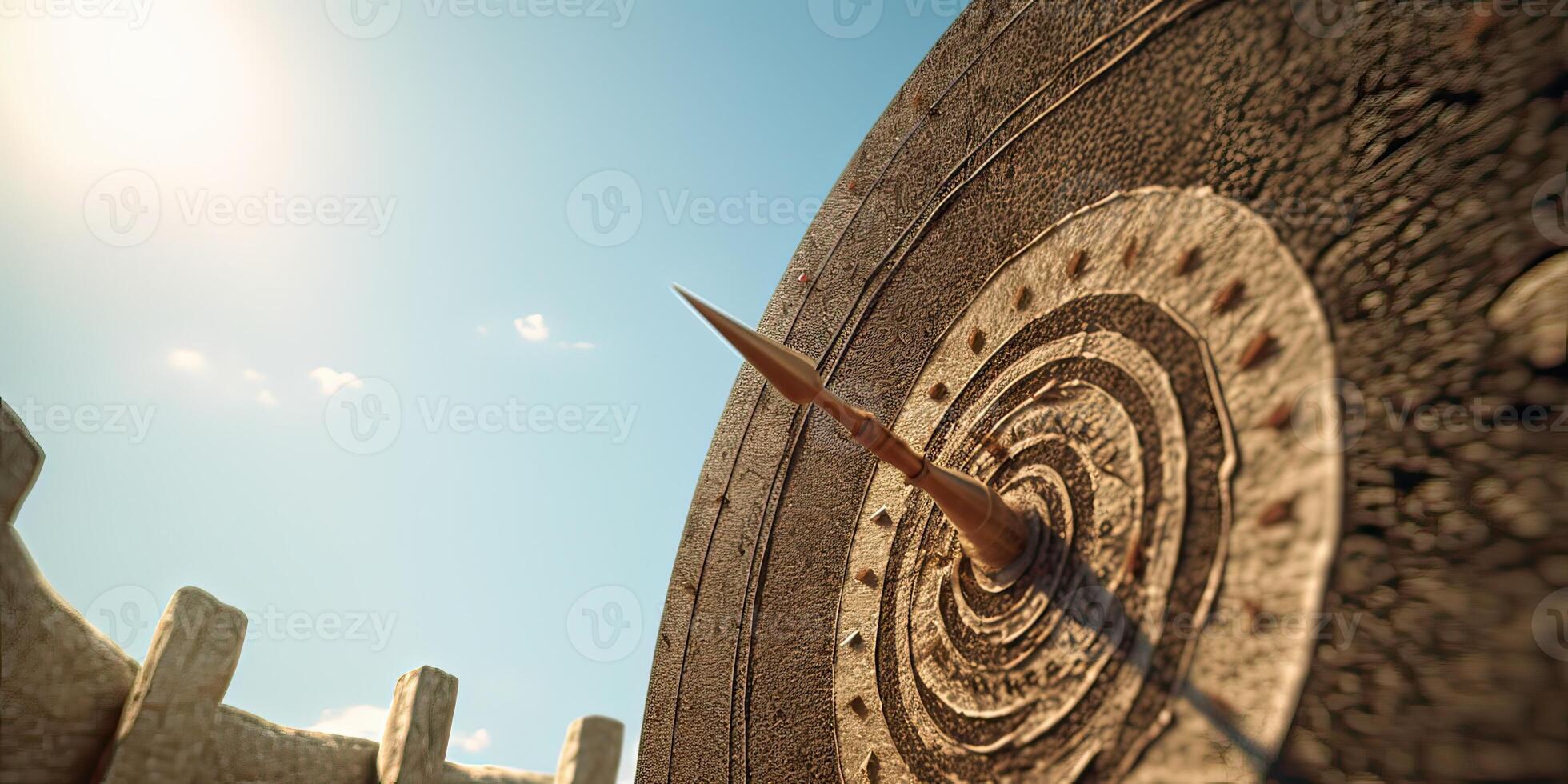 high success concept A red dart arrow aims at the target in the center of the dartboard. Target hit in the middle. . photo