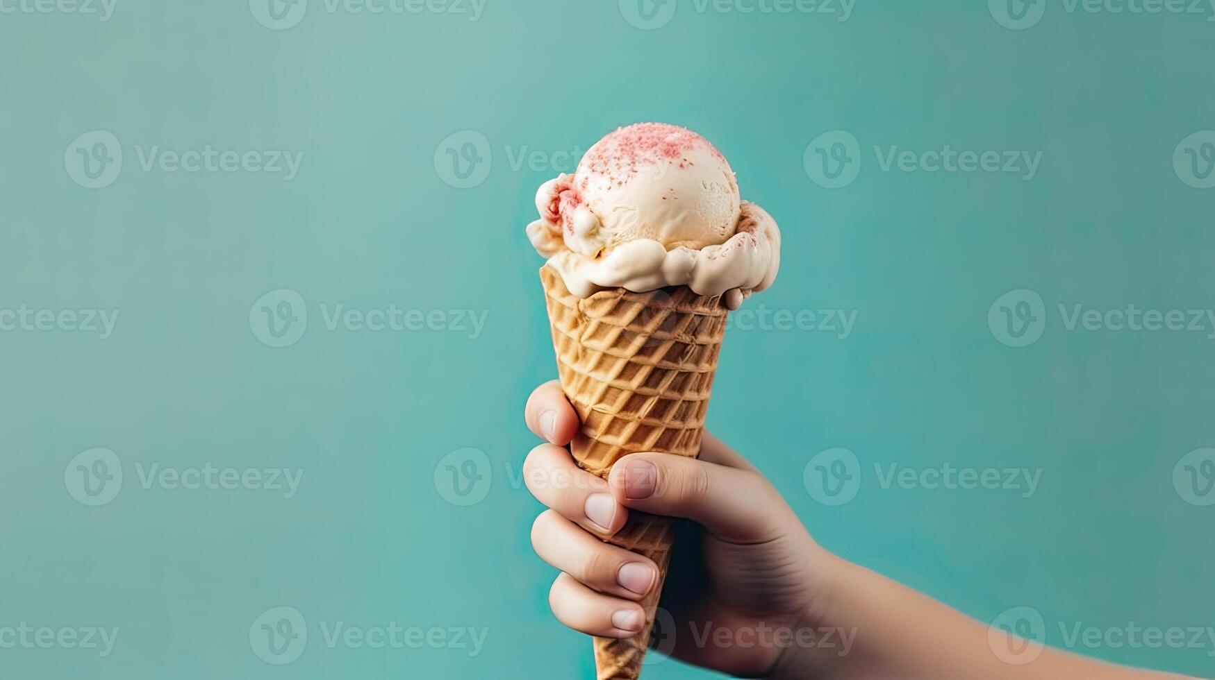 Hand holding waffle cone with tasty vanilla ice cream on color background. . photo