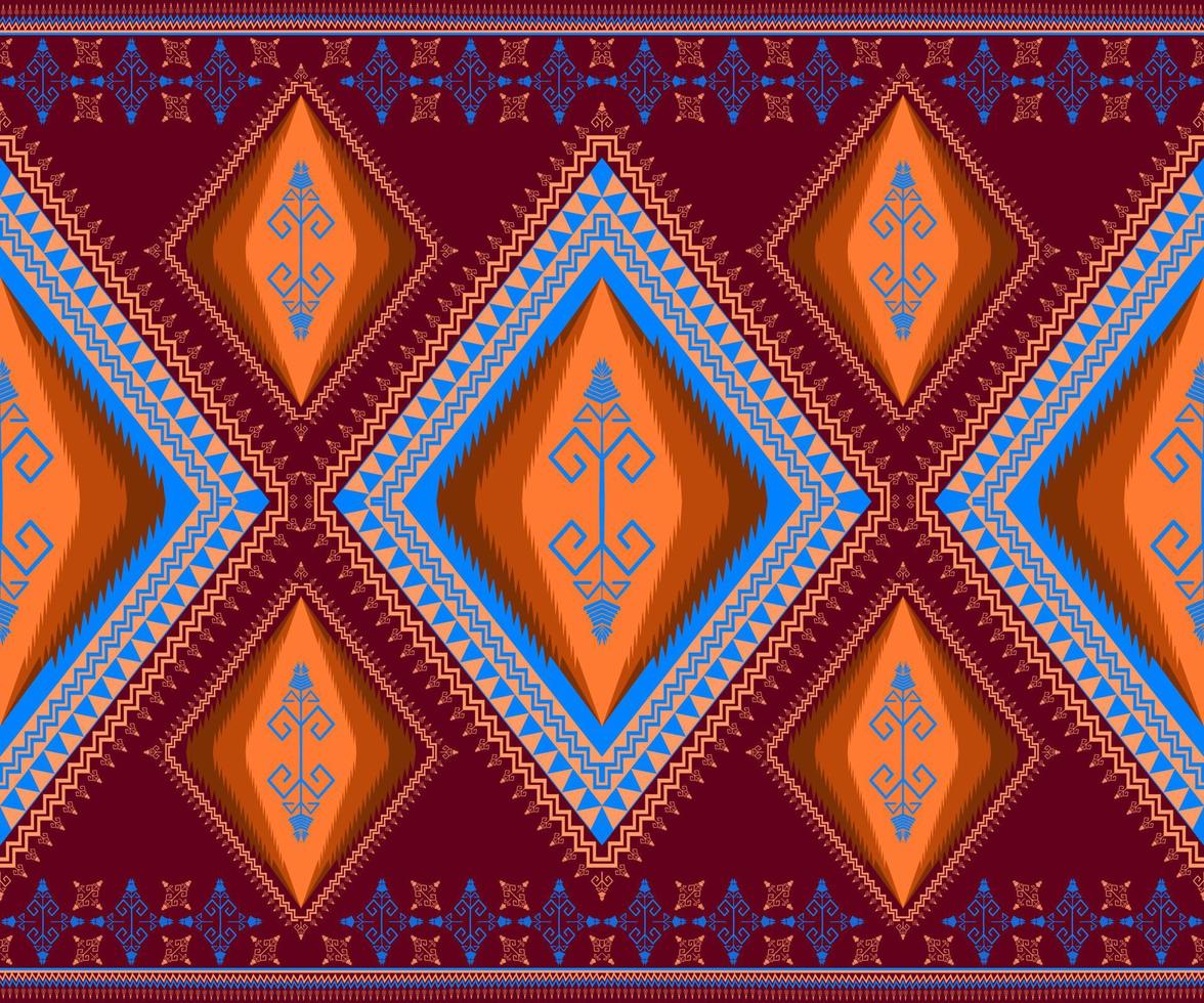 Ethnic folk geometric seamless pattern in red, orange and cyan tone in vector illustration design for fabric, mat, carpet, scarf, wrapping paper, tile and more