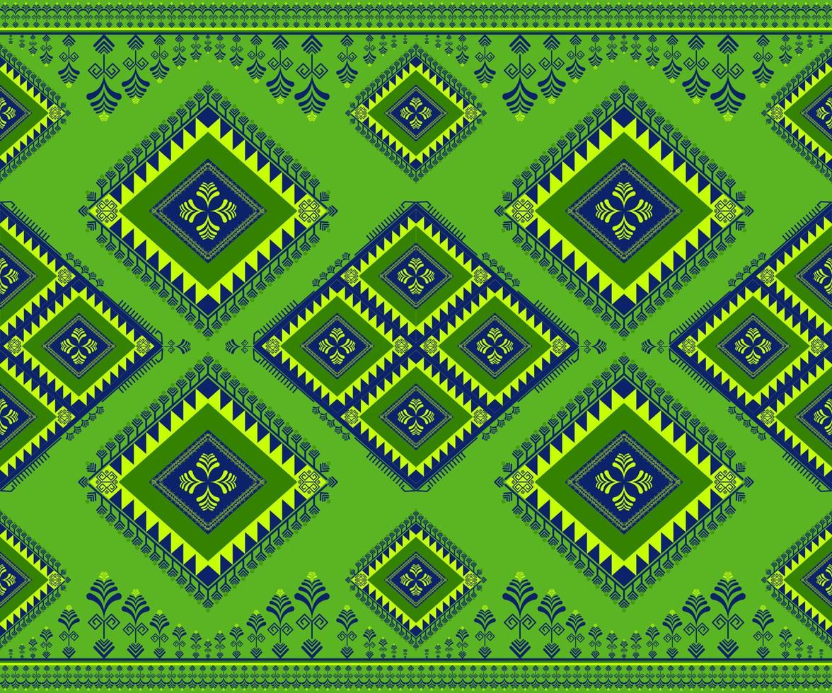 Ethnic folk geometric seamless pattern in green and blue tone in vector illustration design for fabric, mat, carpet, scarf, wrapping paper, tile and more