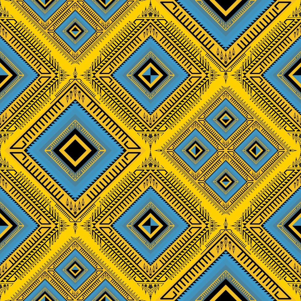 Ethnic folk geometric seamless pattern in yellow and blue tone in vector illustration design for fabric, mat, carpet, scarf, wrapping paper, tile and more