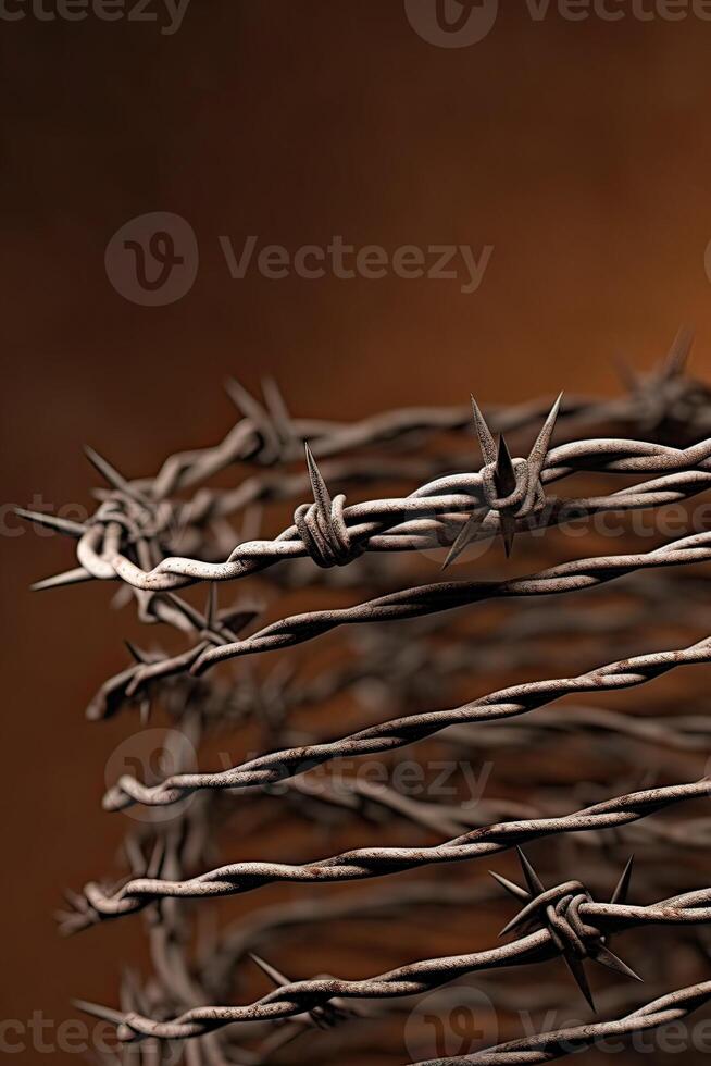 Wire barb, prison cell seamless border, jailhouse, old rusty and new barbwire fence. Boundary, territory defense steel barrier. . photo