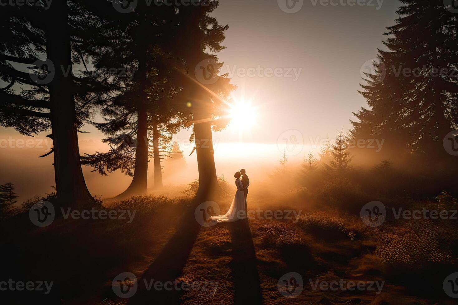 Wedding silhouette couple posing on sunset in beautiful forest at wedding day. Bride and groom in love. Non-existent person. . photo