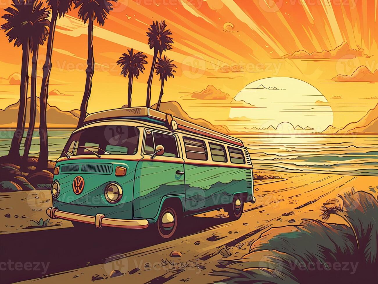 illustration of Sea landscape summer beach with palms, boat, horizon at sunset. artoon style illustration for t shirt design. . photo