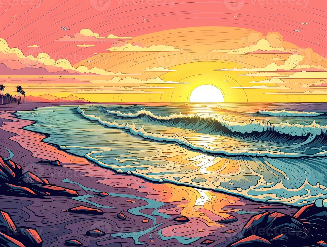 illustration of Sea landscape summer beach with palms, boat, horizon at sunset. artoon style illustration for t shirt design. . photo