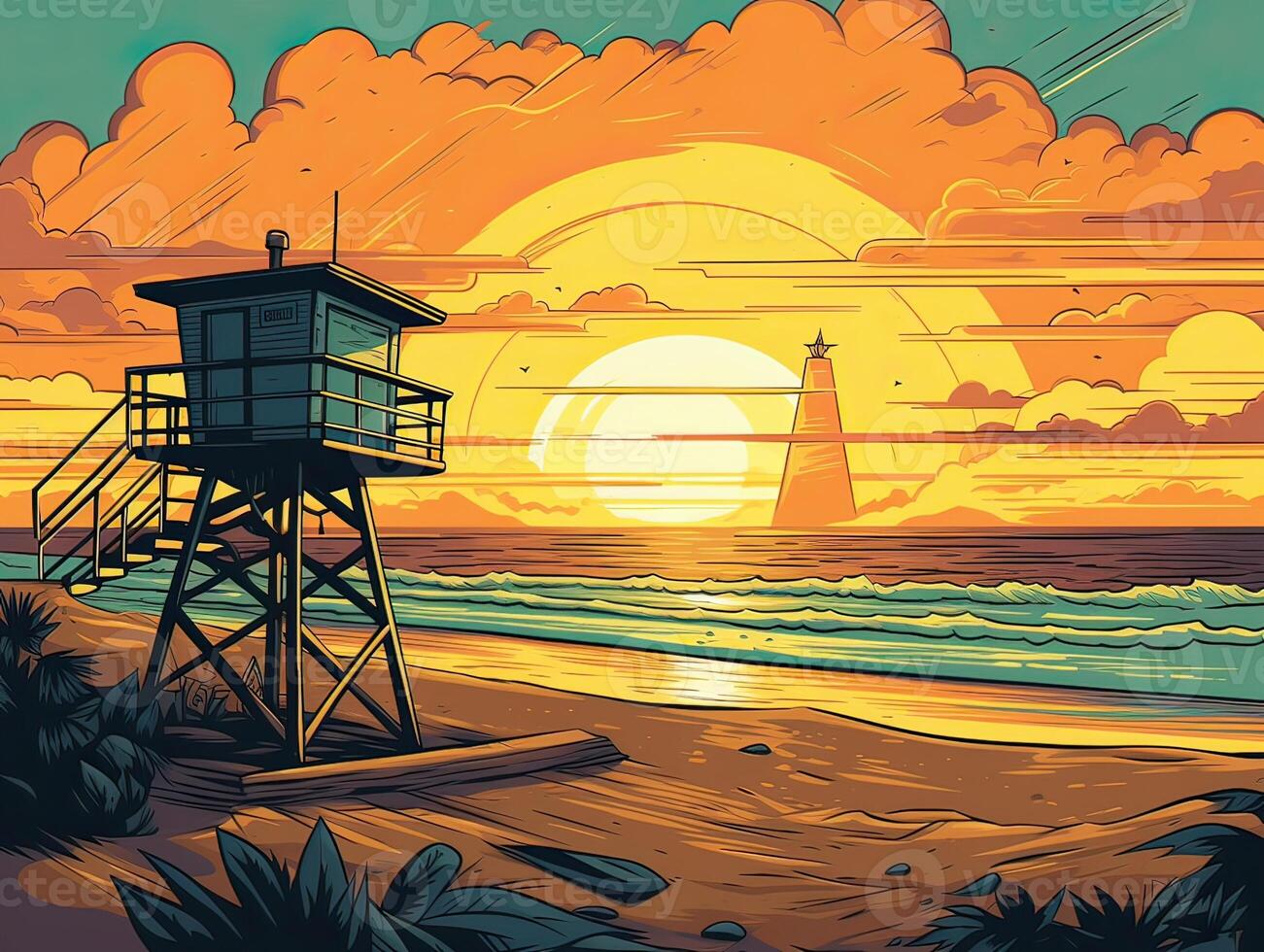 illustration of Sea landscape summer beach with palms, boat, horizon at sunset. artoon style illustration for t shirt design. . photo