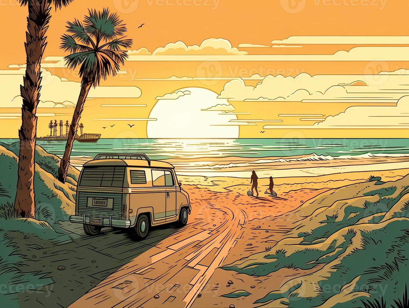 illustration of Sea landscape summer beach with palms, boat, horizon at sunset. artoon style illustration for t shirt design. . photo