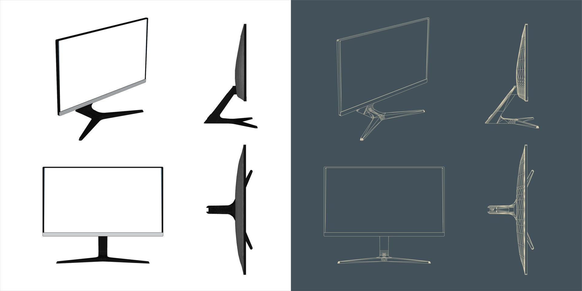 Vector Desktop Monitor Computer screen illustration line blueprint wireframe with transparent background for you design