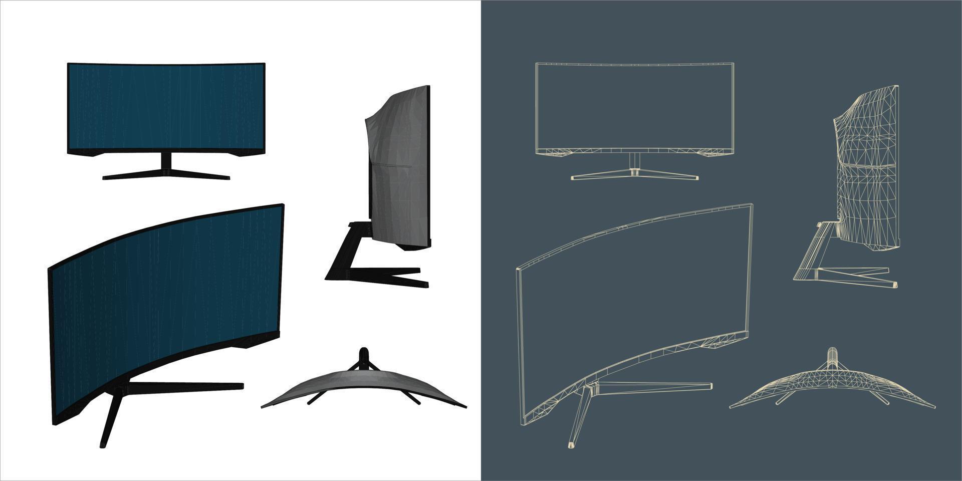 Vector Desktop Monitor Computer screen illustration line blueprint wireframe with transparent background for you design