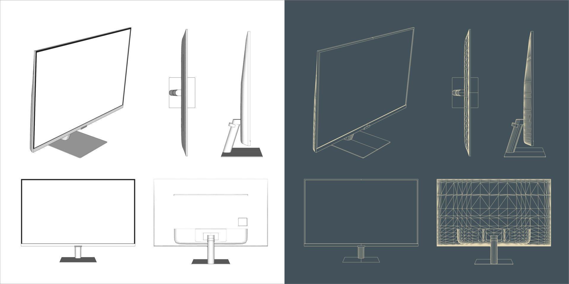 Vector Desktop Monitor Computer screen illustration line blueprint wireframe with transparent background for you design