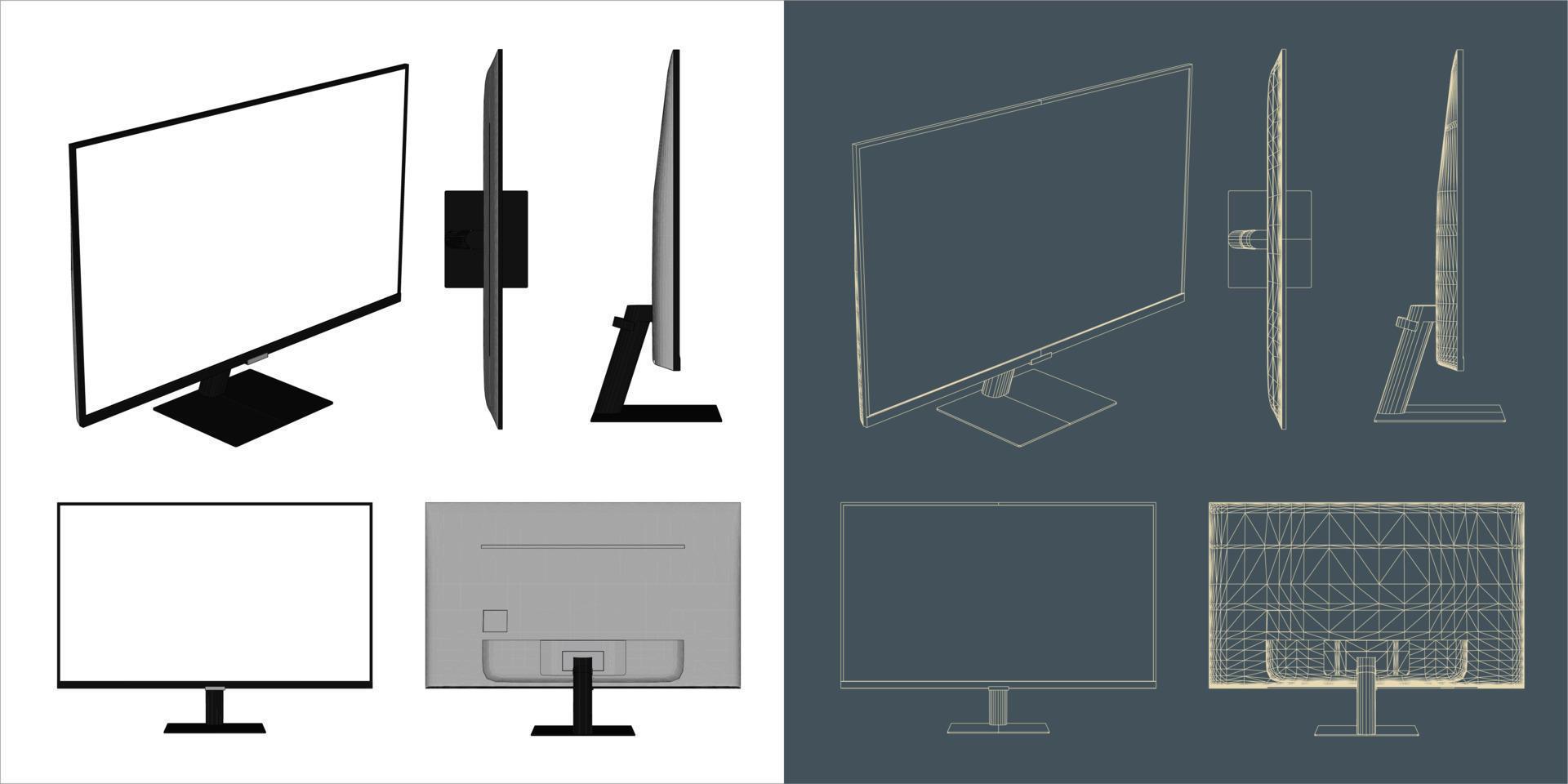 Vector Desktop Monitor Computer screen illustration line blueprint wireframe with transparent background for you design